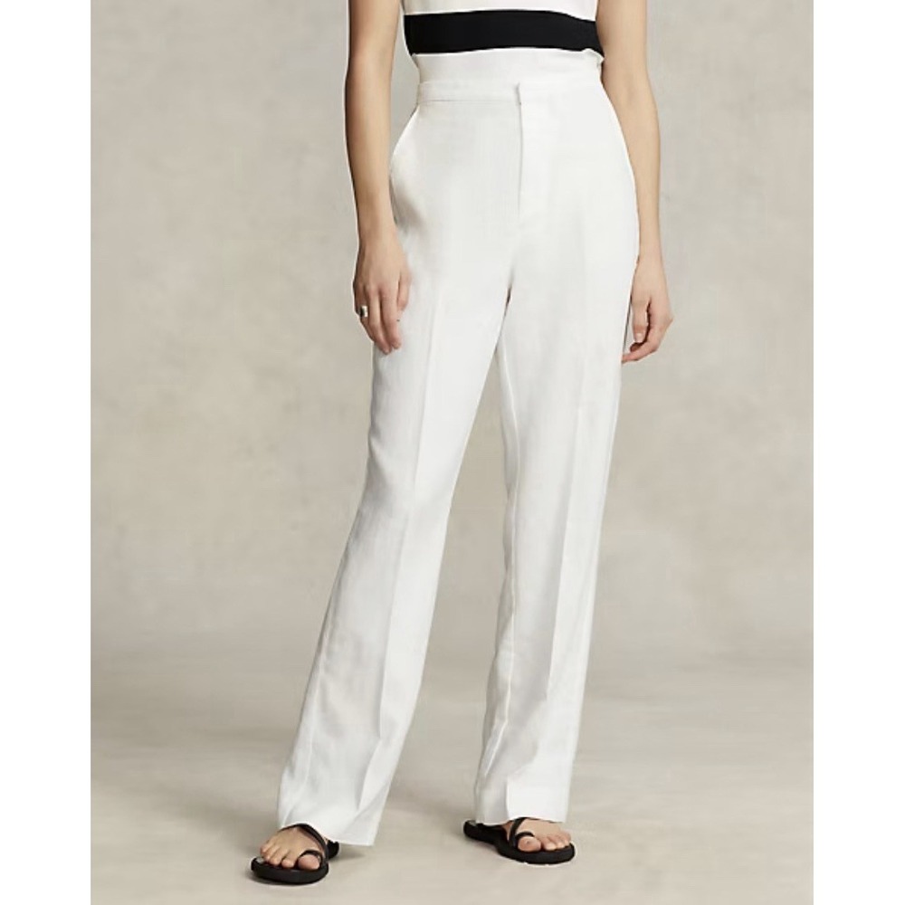 Polo Ralph Lauren Flat Front Wide Leg Resort Pants White 100% Linen Vacation Lux